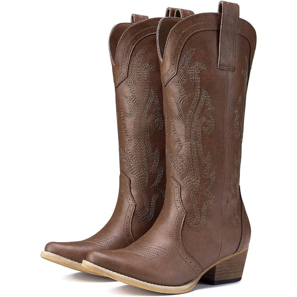 Women Bronze Synthetic Embroidered Pointy Toe Comfortable Chunky Heel Boot